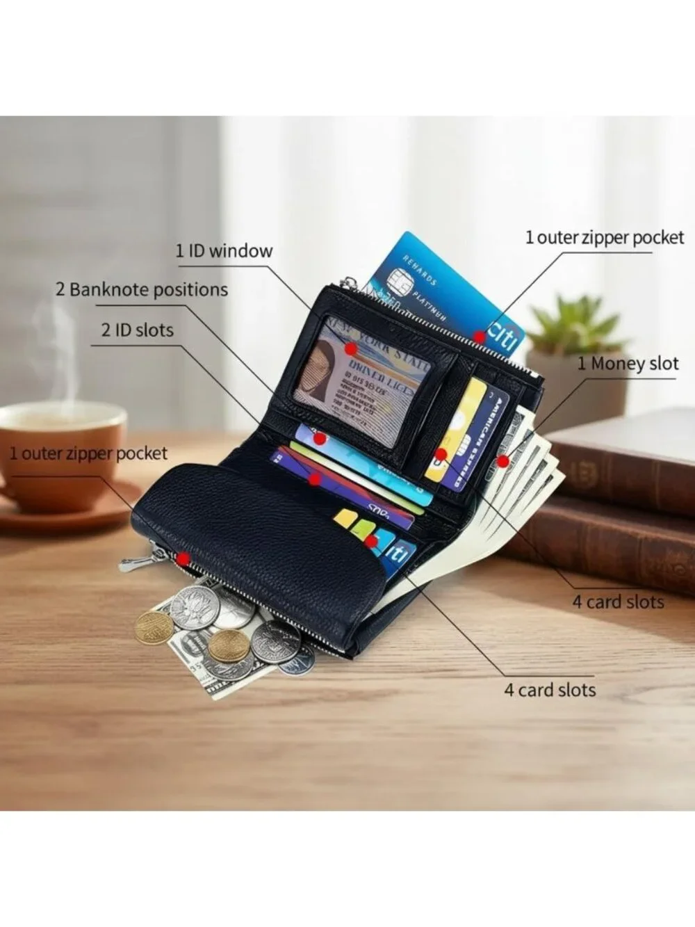 Slim RFID Leather Wallet for Women, Soft Pebble Clutch with Coin Pocket & Card